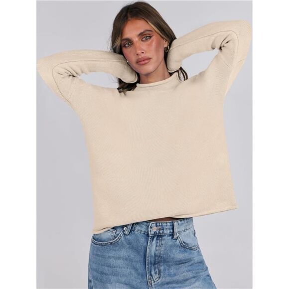 Women Long Sleeve Mock Funnel Neck Knit Pullover Sweater Top Fall Fashion - Picture 2 of 7